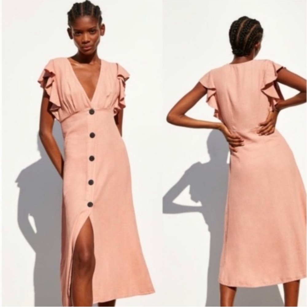 Zara Blush Linen Midi Dress with Ruffle Sleeves